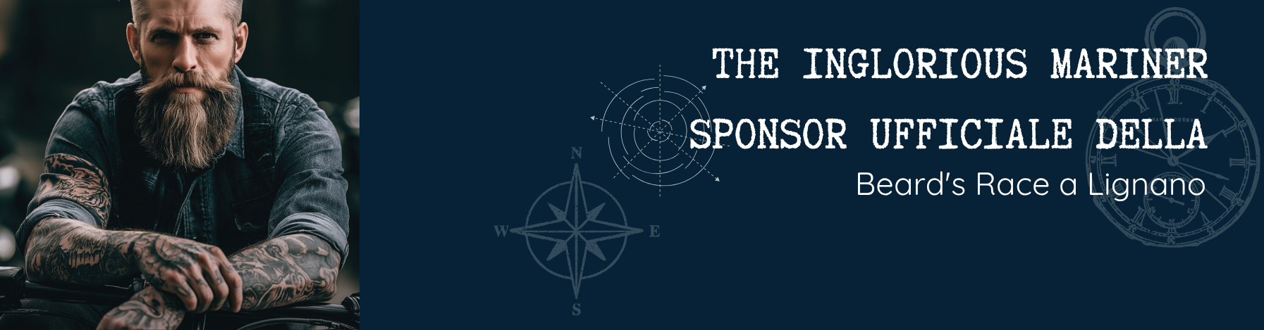 Uomo con barba curata su moto custom, sponsor The Inglorious Mariner Beard's Race Lignano
